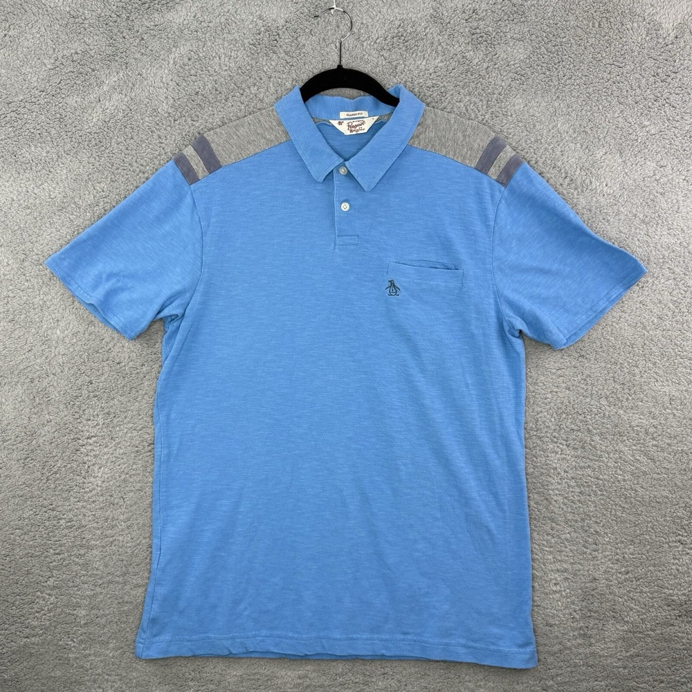 Penguin by Munsingwear Men's Pocket Polo Golf Shirt L Blue Short Sleeve Logo EUC